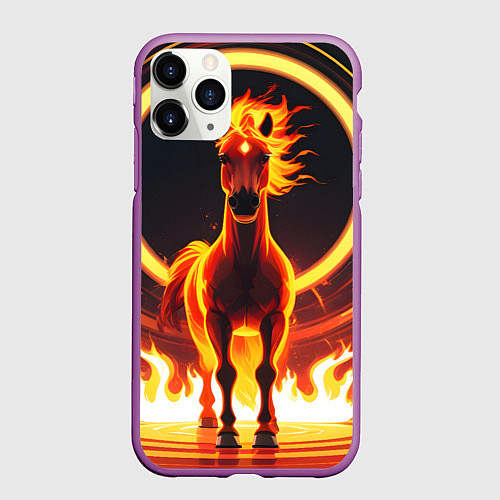 Чехол iPhone 11 Pro матовый Огненная лошадь в кольце / 3D-Фиолетовый – фото 1