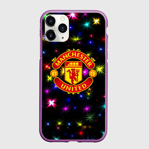 Чехол iPhone 11 Pro матовый Манчестер Юнайтед праздничные огни / 3D-Фиолетовый – фото 1