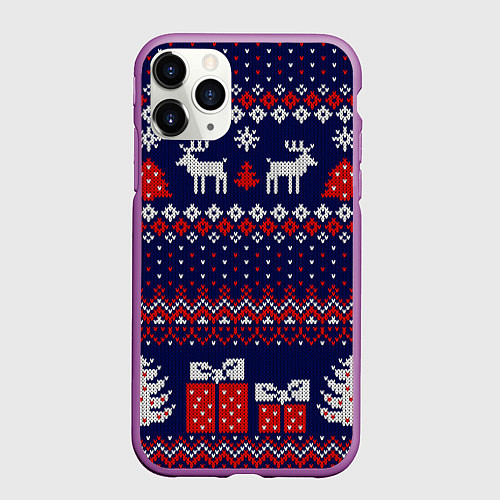 Чехол iPhone 11 Pro матовый Новогодний вязаный паттерн / 3D-Фиолетовый – фото 1