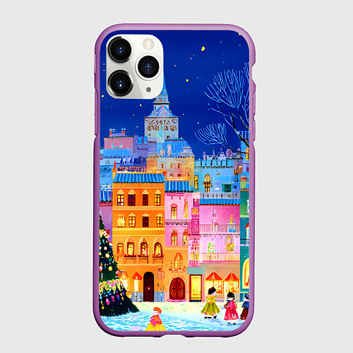 Чехол iPhone 11 Pro матовый Разноцветные новогодние домики / 3D-Фиолетовый – фото 1