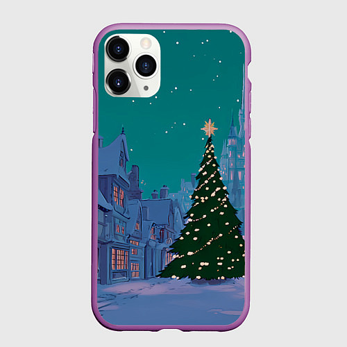 Чехол iPhone 11 Pro матовый Зеленая новогодняя елка во вдоре / 3D-Фиолетовый – фото 1
