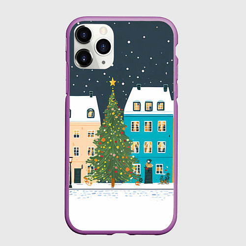 Чехол iPhone 11 Pro матовый Новогодний снежный город / 3D-Фиолетовый – фото 1