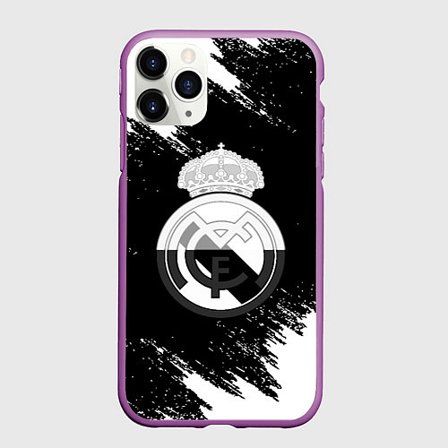 Чехол iPhone 11 Pro матовый Реал Мадрид черно белые краски / 3D-Фиолетовый – фото 1