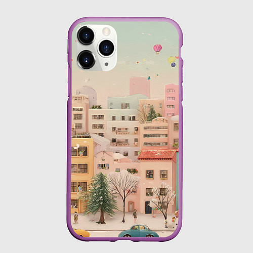 Чехол iPhone 11 Pro матовый Объемный новогодний город / 3D-Фиолетовый – фото 1