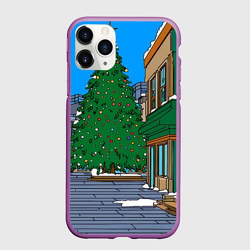 Чехол iPhone 11 Pro матовый Мультяшный новогодний двор / 3D-Фиолетовый – фото 1