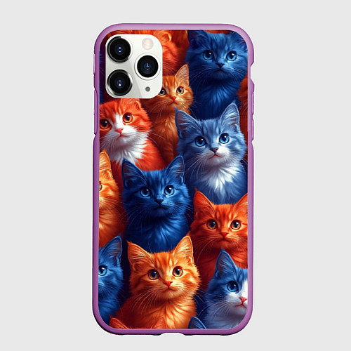Чехол iPhone 11 Pro матовый Разноцветные котики паттерн / 3D-Фиолетовый – фото 1