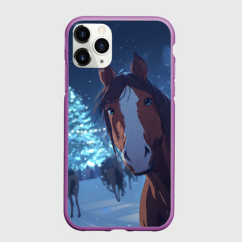 Чехол iPhone 11 Pro матовый Лошадь на фоне новогодней елки / 3D-Фиолетовый – фото 1