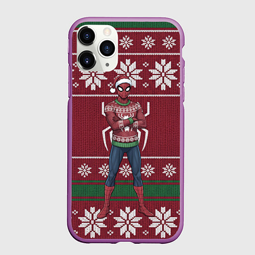 Чехол iPhone 11 Pro матовый Человек паук в вязаном свитере - новый год / 3D-Фиолетовый – фото 1