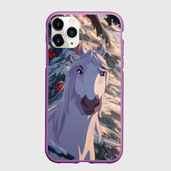 Чехол iPhone 11 Pro матовый Белая лошадь на фоне елки, цвет: 3D-фиолетовый
