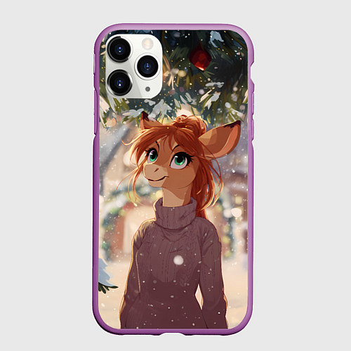 Чехол iPhone 11 Pro матовый Новогодняя аниме лошадка / 3D-Фиолетовый – фото 1
