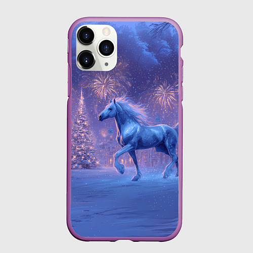 Чехол iPhone 11 Pro матовый Лошадь и новогодний салют / 3D-Фиолетовый – фото 1
