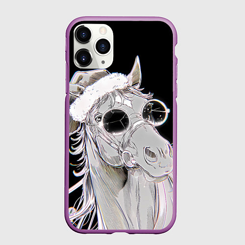 Чехол iPhone 11 Pro матовый Новогодняя лошадь в круглых очках / 3D-Фиолетовый – фото 1