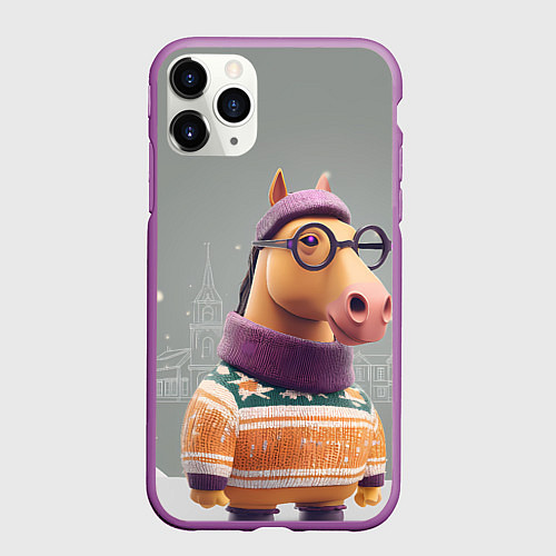 Чехол iPhone 11 Pro матовый Новогодняя лошадка хипстер / 3D-Фиолетовый – фото 1