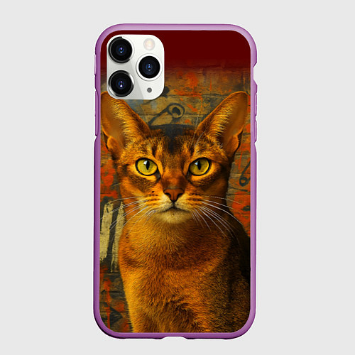 Чехол iPhone 11 Pro матовый Абиссинская кошка на фоне кирпичной стены с граффи / 3D-Фиолетовый – фото 1