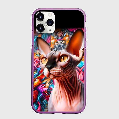 Чехол iPhone 11 Pro матовый Sphynx on a graffiti background / 3D-Фиолетовый – фото 1
