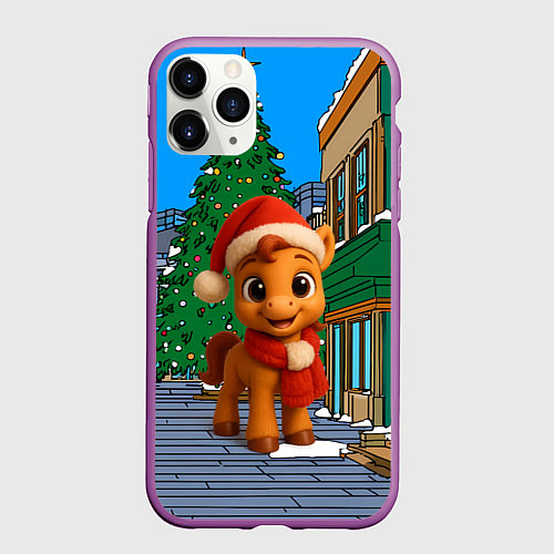 Чехол iPhone 11 Pro матовый Новогодняя лошадка и елка / 3D-Фиолетовый – фото 1