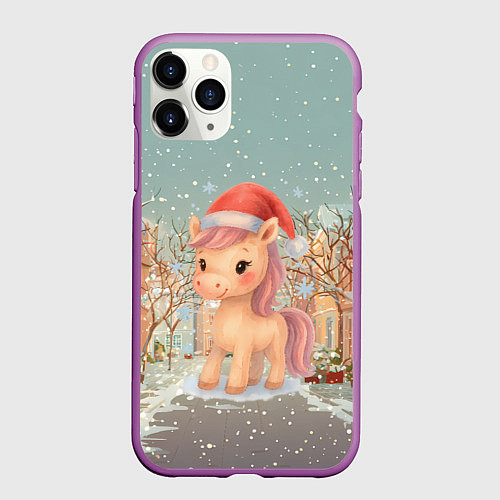 Чехол iPhone 11 Pro матовый Маленькая новогодняя милая лошадка / 3D-Фиолетовый – фото 1