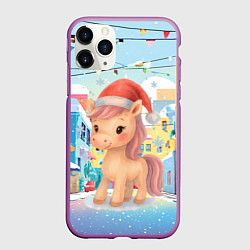 Чехол iPhone 11 Pro матовый Лошадка с новогоднем венком, цвет: 3D-фиолетовый