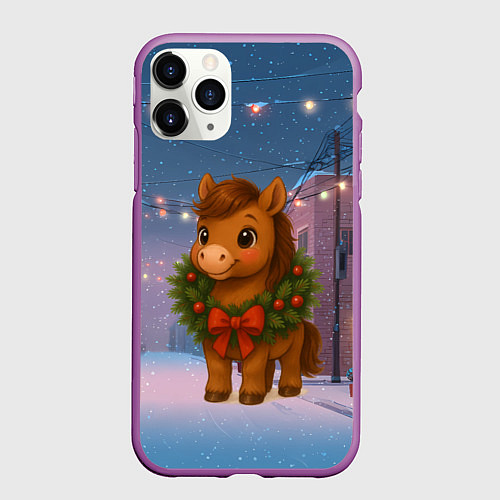 Чехол iPhone 11 Pro матовый Лошадка с новогоднем венком 2026 / 3D-Фиолетовый – фото 1