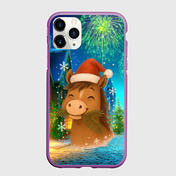 Чехол iPhone 11 Pro матовый Новогодняя лошадка жует елочные ветки
