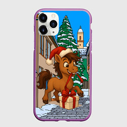 Чехол iPhone 11 Pro матовый Лошадка распаковывает новогодний подарок, цвет: 3D-фиолетовый