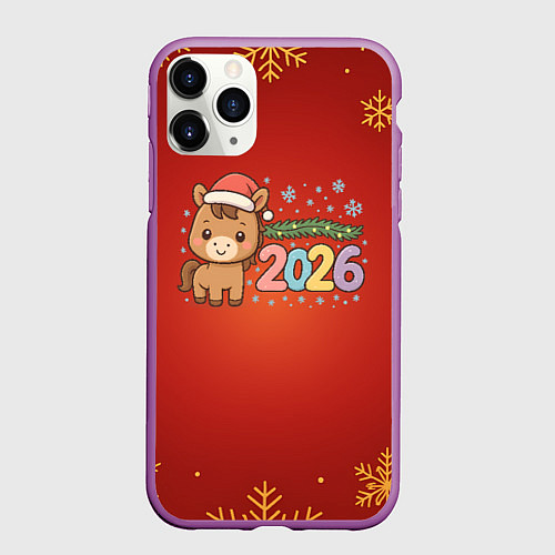 Чехол iPhone 11 Pro матовый Новогодняя лошадка 2026 на красном фоне / 3D-Фиолетовый – фото 1