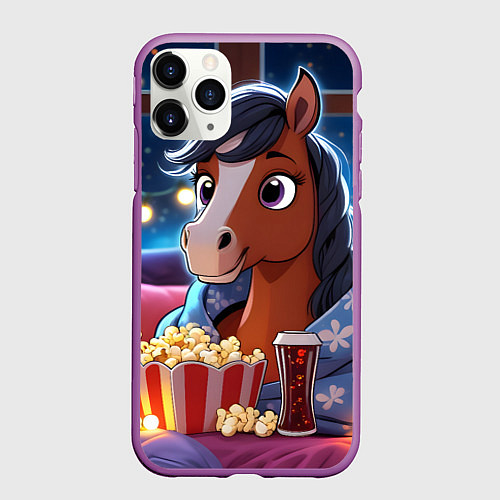 Чехол iPhone 11 Pro матовый Новогодняя лошадка с попкорном / 3D-Фиолетовый – фото 1