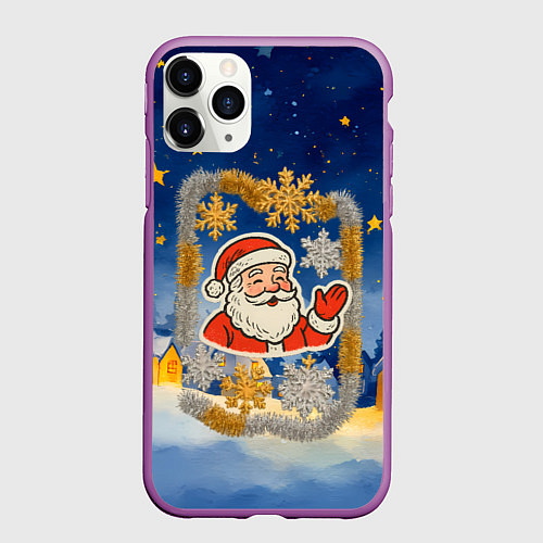 Чехол iPhone 11 Pro матовый Санта и гирлянда / 3D-Фиолетовый – фото 1