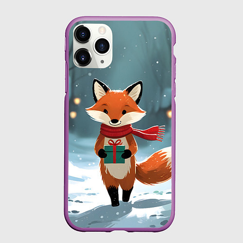 Чехол iPhone 11 Pro матовый Лисичка с подарком зимой / 3D-Фиолетовый – фото 1