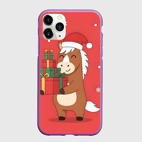 Чехол iPhone 11 Pro матовый Новогодняя лошадка с подарками / 3D-Фиолетовый – фото 1