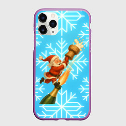 Чехол iPhone 11 Pro матовый Санта летит на пробке шампанского, цвет: 3D-фиолетовый