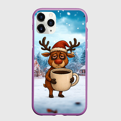 Чехол iPhone 11 Pro матовый Уставший новогодний олень с кофе / 3D-Фиолетовый – фото 1