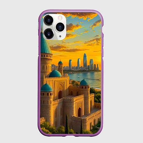 Чехол iPhone 11 Pro матовый Баку сплетение эпох на закате / 3D-Фиолетовый – фото 1