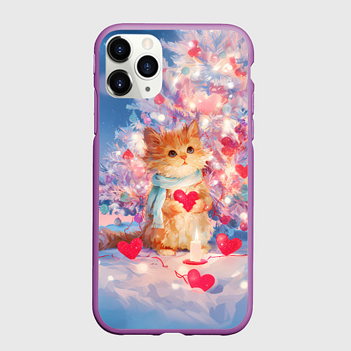 Чехол iPhone 11 Pro матовый Милый котенок и новогодняя елка / 3D-Фиолетовый – фото 1