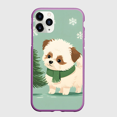Чехол iPhone 11 Pro матовый Новогодний песик с елочкой / 3D-Фиолетовый – фото 1