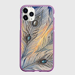 Чехол iPhone 11 Pro матовый Синие перья с самоцветами, цвет: 3D-фиолетовый