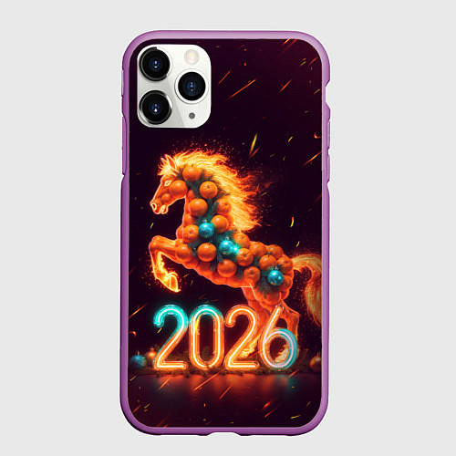 Чехол iPhone 11 Pro матовый Новогодняя мандариновая лошадь 2026 / 3D-Фиолетовый – фото 1