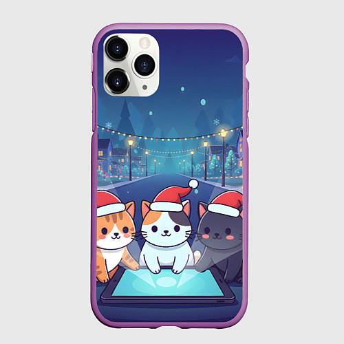 Чехол iPhone 11 Pro матовый Новогодние котики с планшетом / 3D-Фиолетовый – фото 1