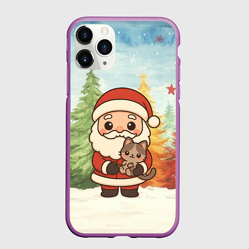 Чехол iPhone 11 Pro матовый Санта с котенком / 3D-Фиолетовый – фото 1