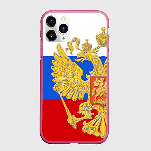 Чехол iPhone 11 Pro матовый Герб России: триколор / 3D-Малиновый – фото 1
