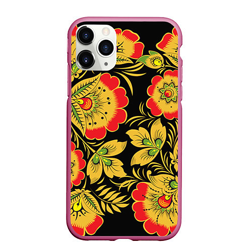 Чехол iPhone 11 Pro матовый Хохлома / 3D-Малиновый – фото 1