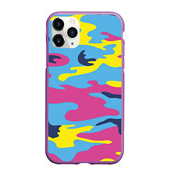 Чехол iPhone 11 Pro матовый Камуфляж: голубой/розовый/желтый, цвет: 3D-фиолетовый