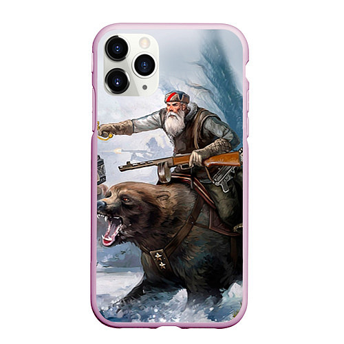Чехол iPhone 11 Pro матовый Русский воин на медведе / 3D-Розовый – фото 1