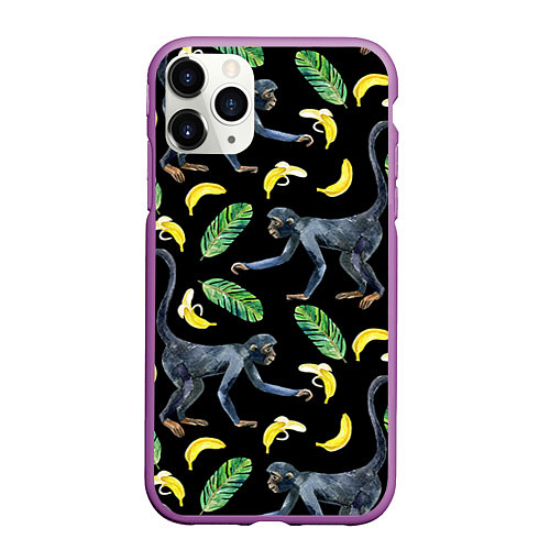 Чехол iPhone 11 Pro матовый Обезьянки и бананы / 3D-Фиолетовый – фото 1
