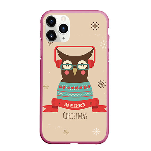 Чехол iPhone 11 Pro матовый Сова в наушниках / 3D-Малиновый – фото 1