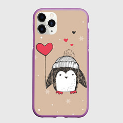 Чехол iPhone 11 Pro матовый Пингвин с шариком, цвет: 3D-фиолетовый