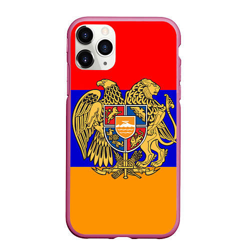 Чехол iPhone 11 Pro матовый Герб и флаг Армении / 3D-Малиновый – фото 1
