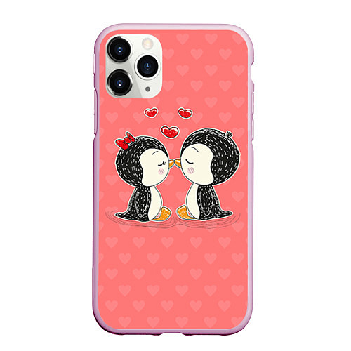 Чехол iPhone 11 Pro матовый Влюбленные пингвины / 3D-Розовый – фото 1