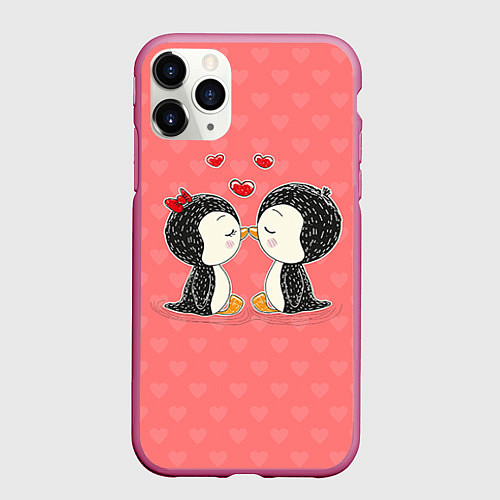 Чехол iPhone 11 Pro матовый Влюбленные пингвины / 3D-Малиновый – фото 1
