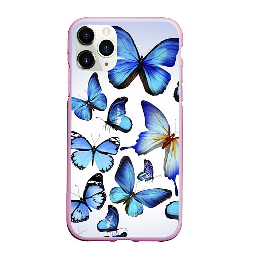 Чехол iPhone 11 Pro матовый Голубые бабочки / 3D-Розовый – фото 1